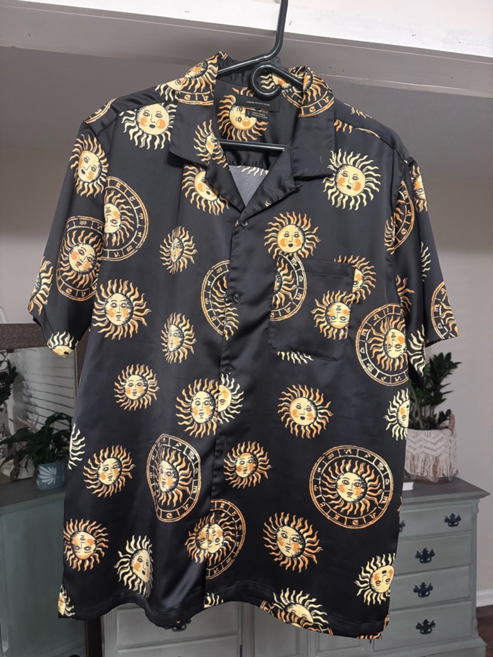 Urban Outfitters Black Sun-Print Short Sleeve Button-Down Shirt